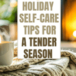 steaming mug next to soft beige blanket with holiday tree and fireplace in background.