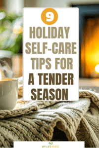steaming mug next to soft beige blanket with holiday tree and fireplace in background.