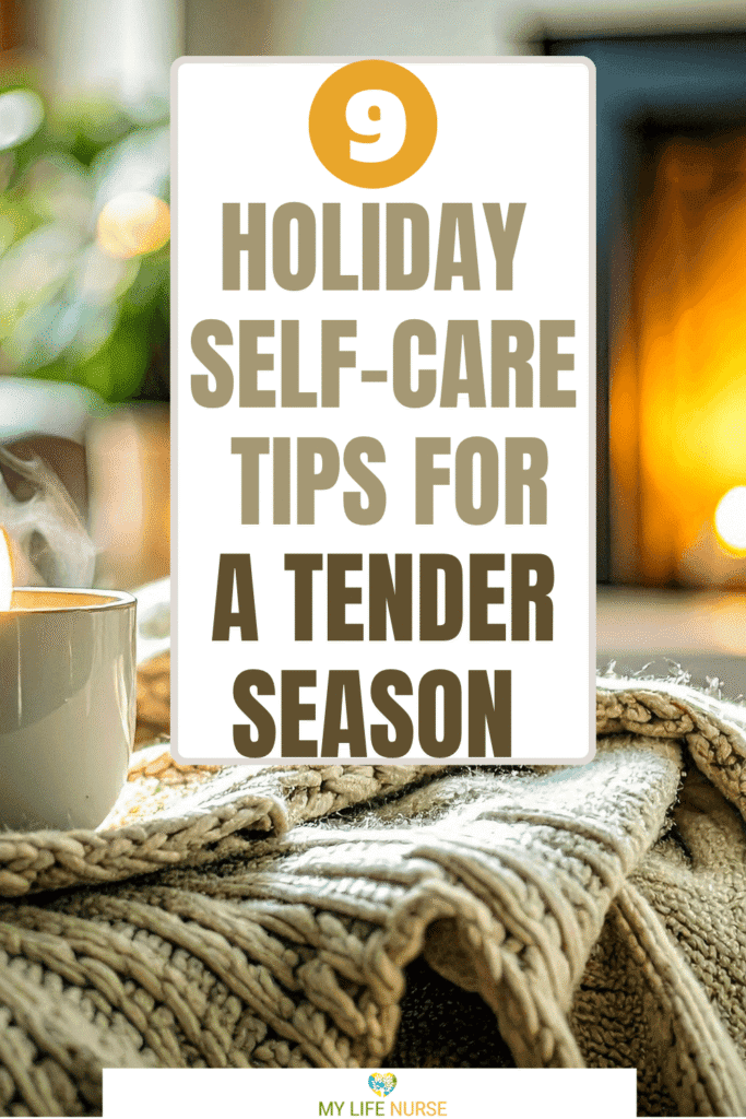 steaming mug next to soft beige blanket with holiday tree and fireplace in background.