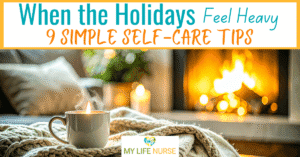 steaming mug next to soft beige blanket with holiday tree and fireplace in background.