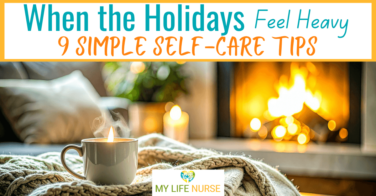 steaming mug next to soft beige blanket with holiday tree and fireplace in background.
